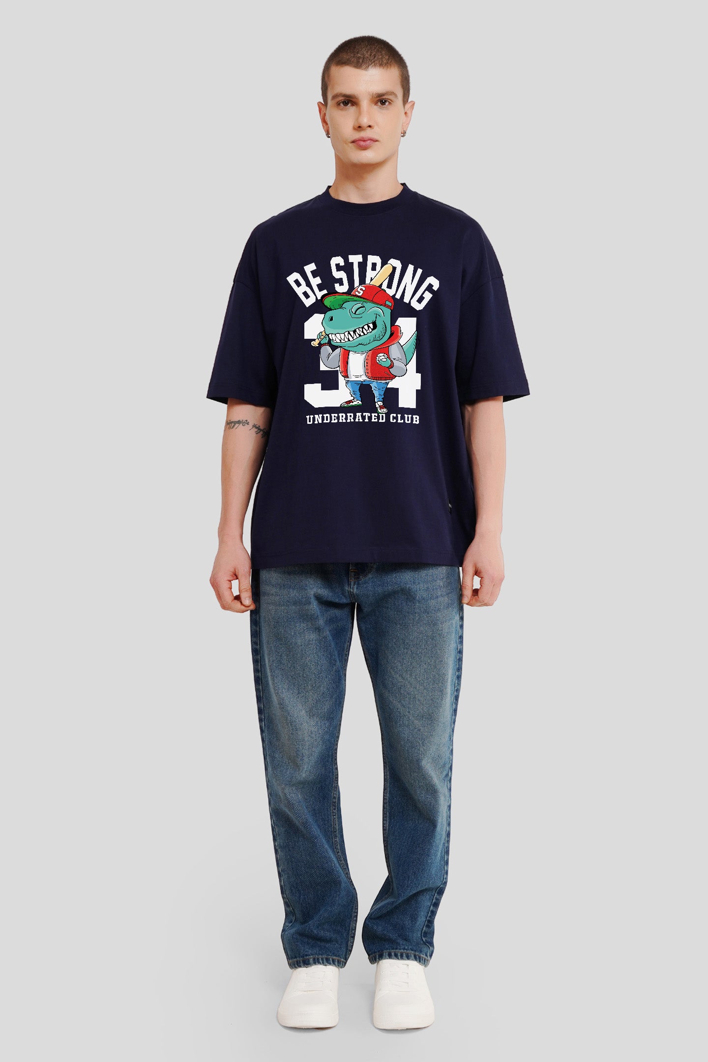 Be Strong Navy Blue Printed T-Shirt