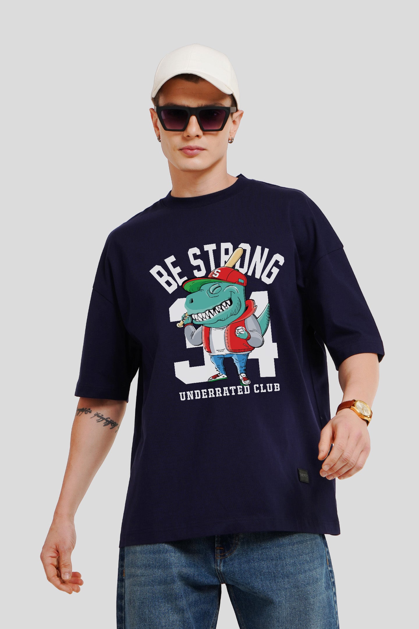 Be Strong Navy Blue Printed T-Shirt