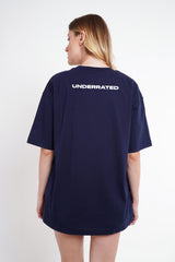 Pink Flower Navy Blue Oversized Fit T-Shirt Women Pic 2