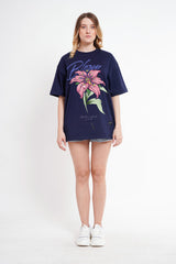 Pink Flower Navy Blue Oversized Fit T-Shirt Women Pic 3