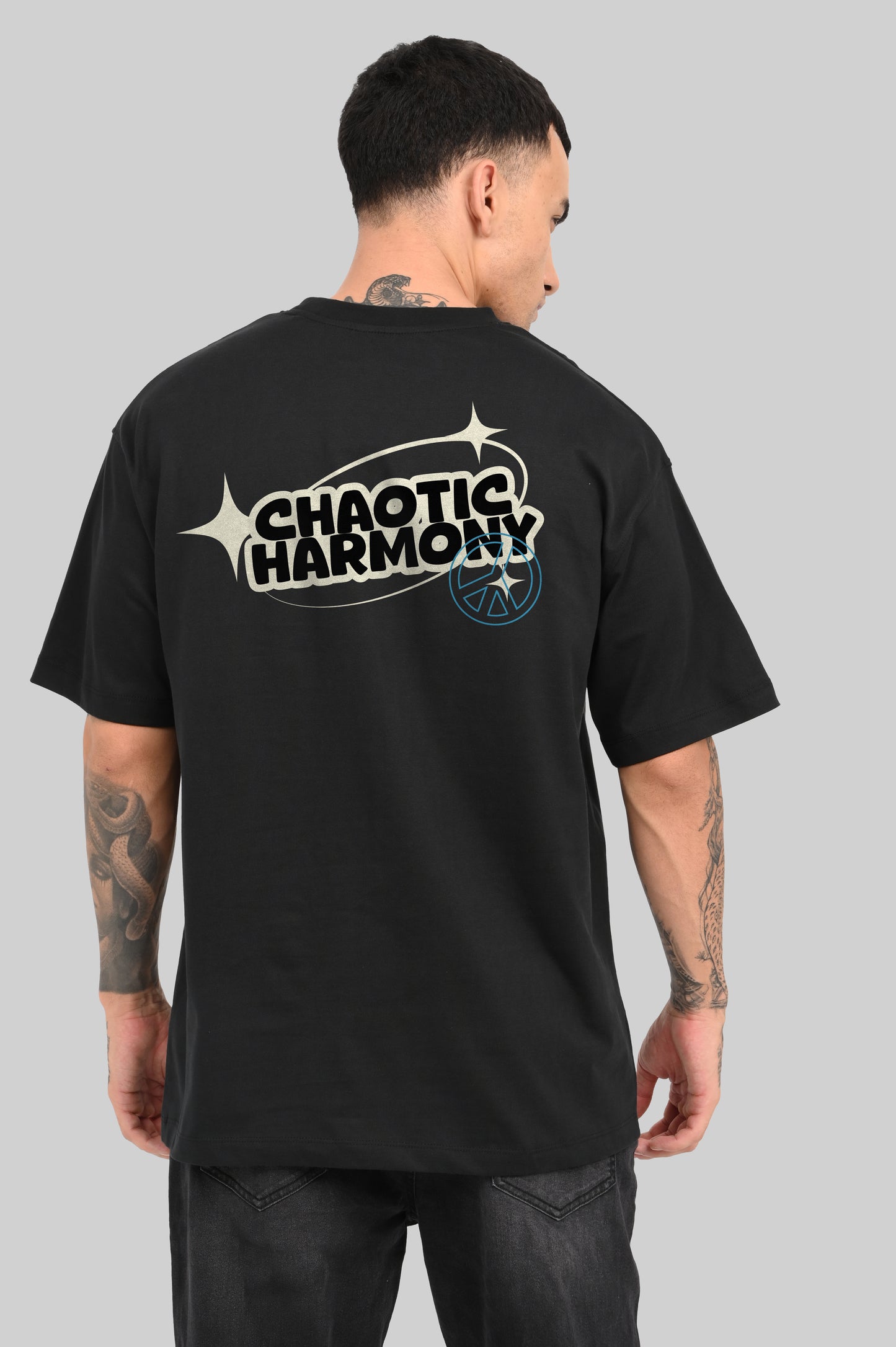 Chaotic Harmony Peace Graphic Black Oversized Fit T-Shirt Men Pic 1