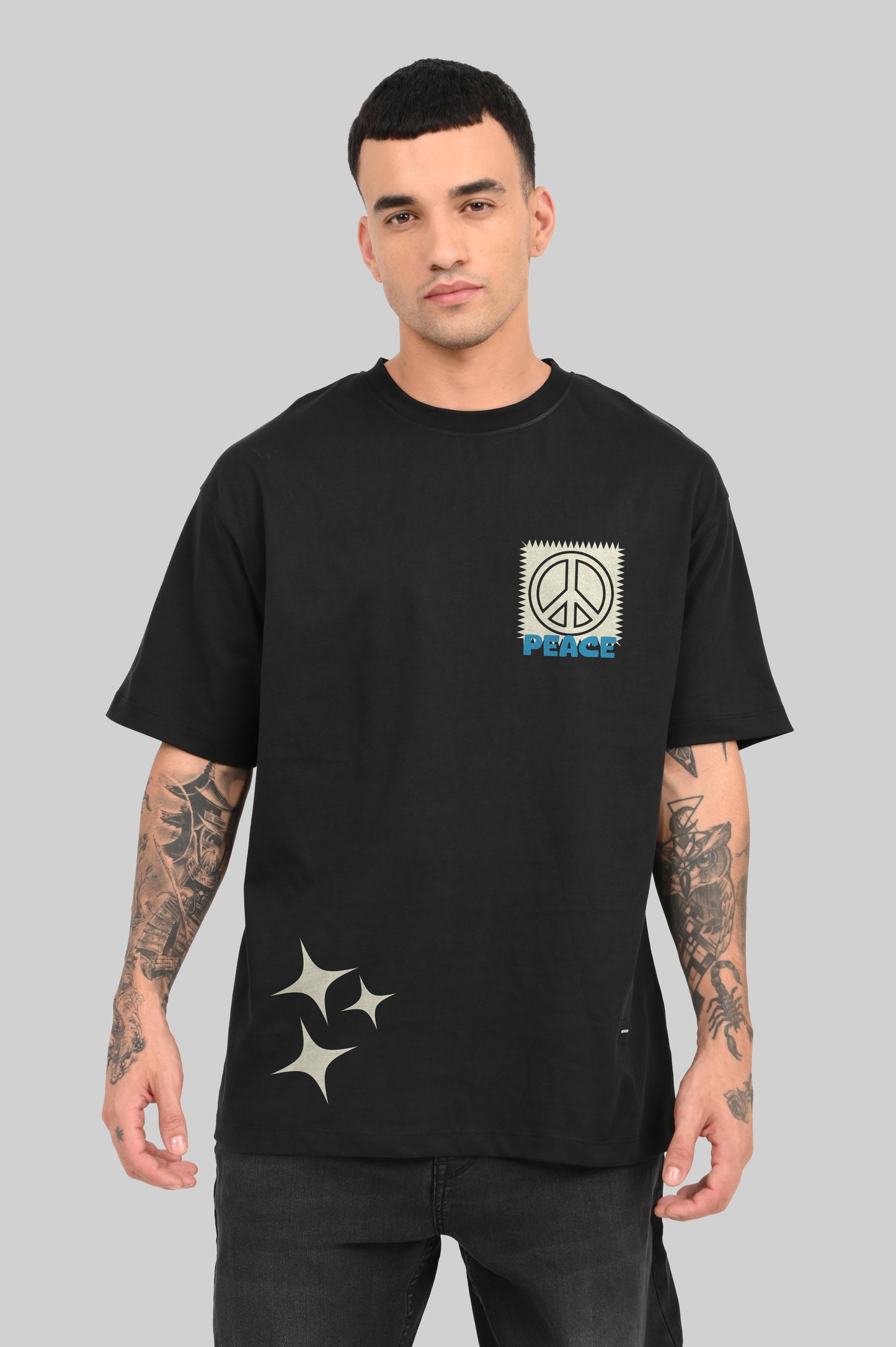 Chaotic Harmony Peace Graphic Black Oversized Fit T-Shirt Men Pic 2