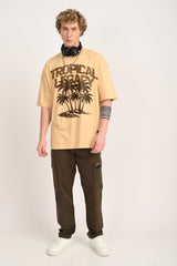 Tropical Beach Legacy Beige Baggy Fit T-Shirt Men Pic 3