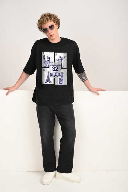 World Tour Stamps Black Oversized Fit T-Shirt Men Pic 2
