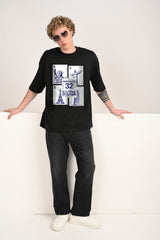 World Tour Stamps Black Oversized Fit T-Shirt Men Pic 2