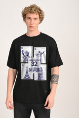 World Tour Stamps Black Oversized Fit T-Shirt Men Pic 1