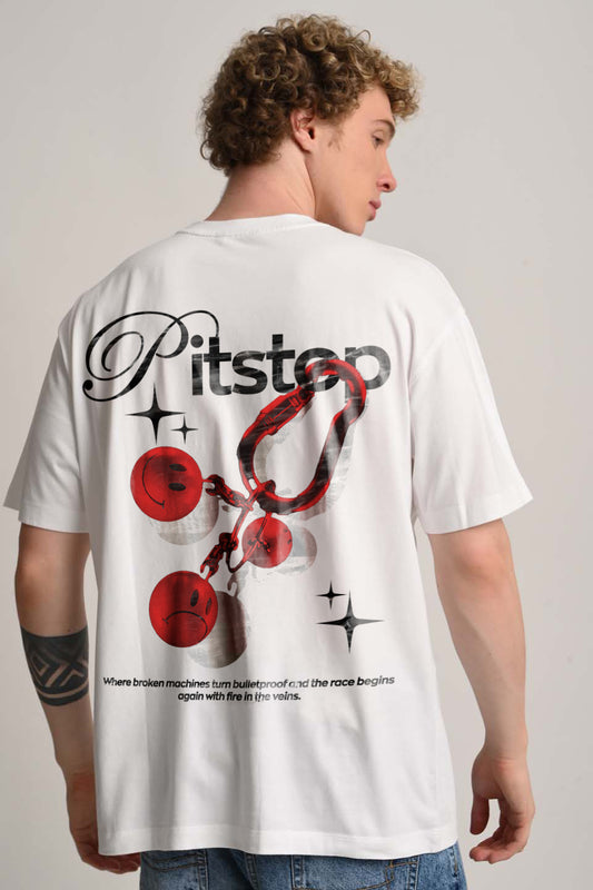 Model wearing a white t-shirt with a large red and black graphic design on the back.