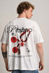 Model wearing a white t-shirt with a large red and black graphic design on the back.