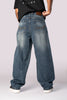 Full-length front view of the dark wash baggy relaxed fit denim jeans.