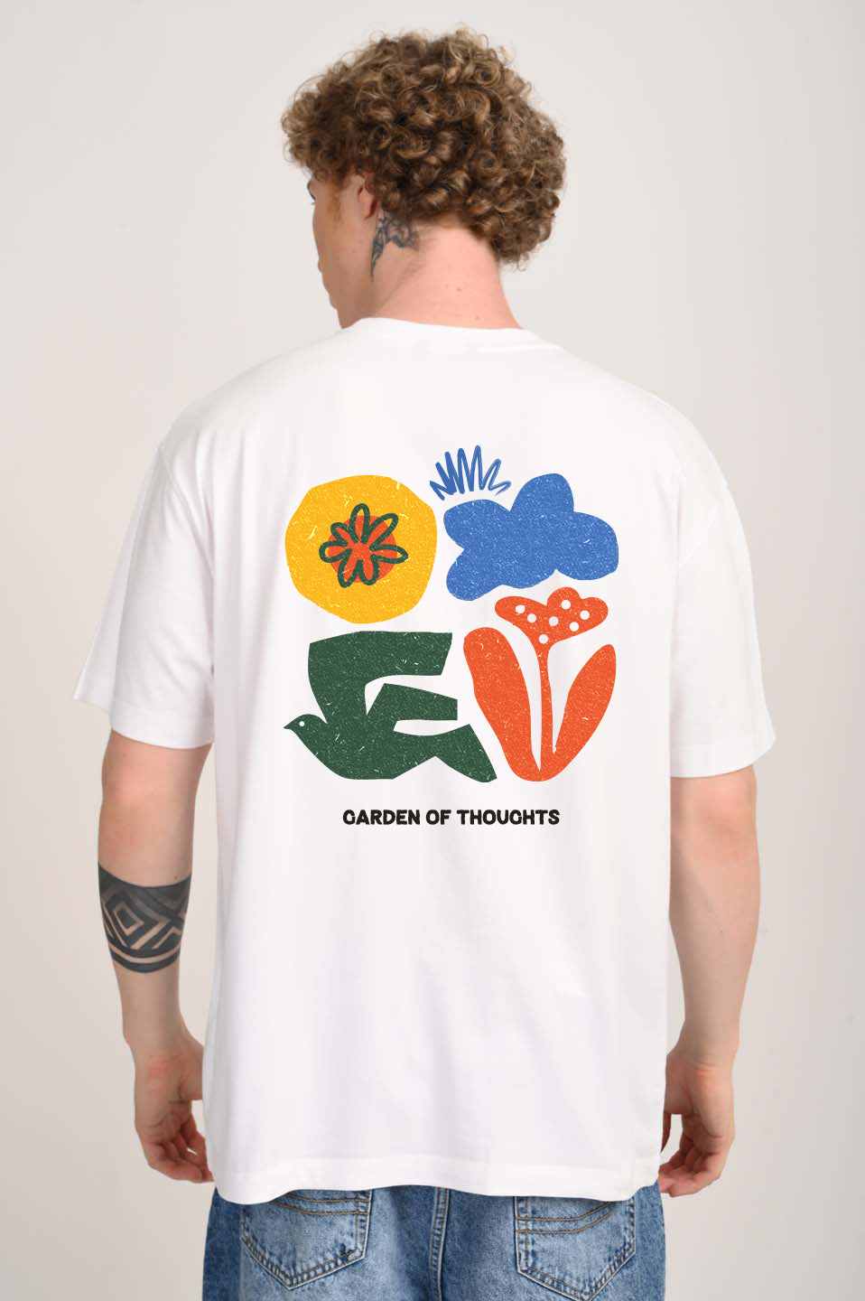 Garden of Thoughts Botanical Print White Oversized Fit T-Shirt Men Pic 1