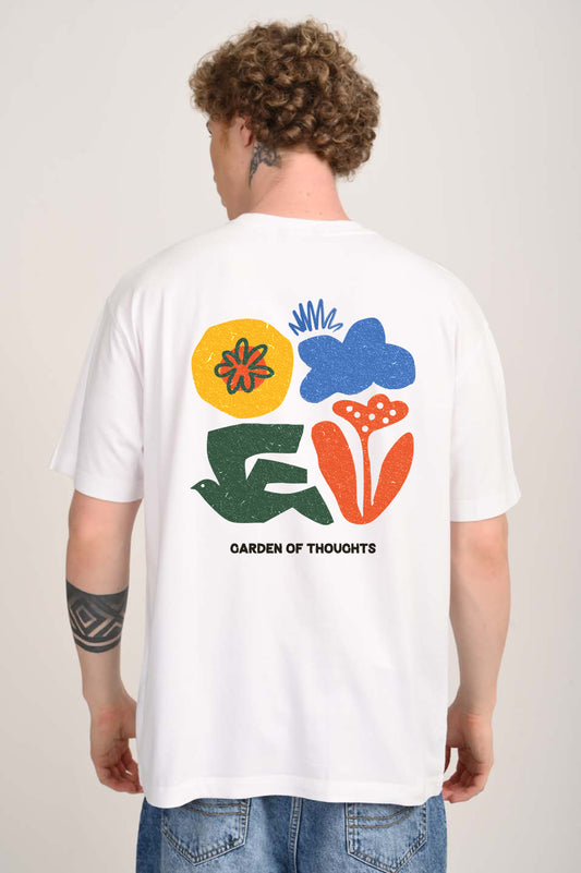 Garden of Thoughts Botanical Print White Oversized Fit T-Shirt Men Pic 1