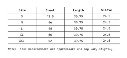 Size Chart of Men's Relaxed Fit Full Sleeves in inches