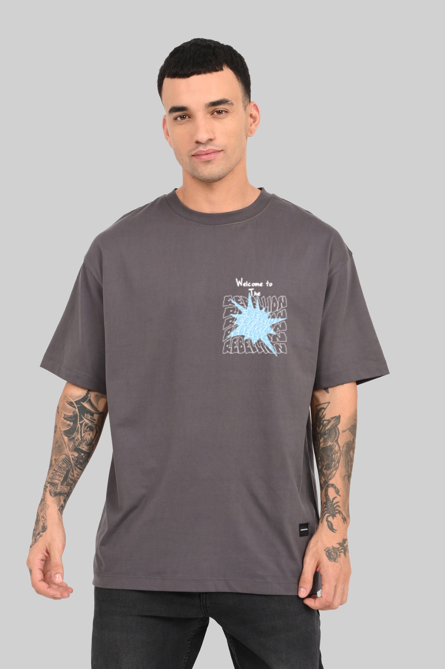 Rebellion Distorted Dark Grey Oversized Fit T-Shirt Men Pic 1