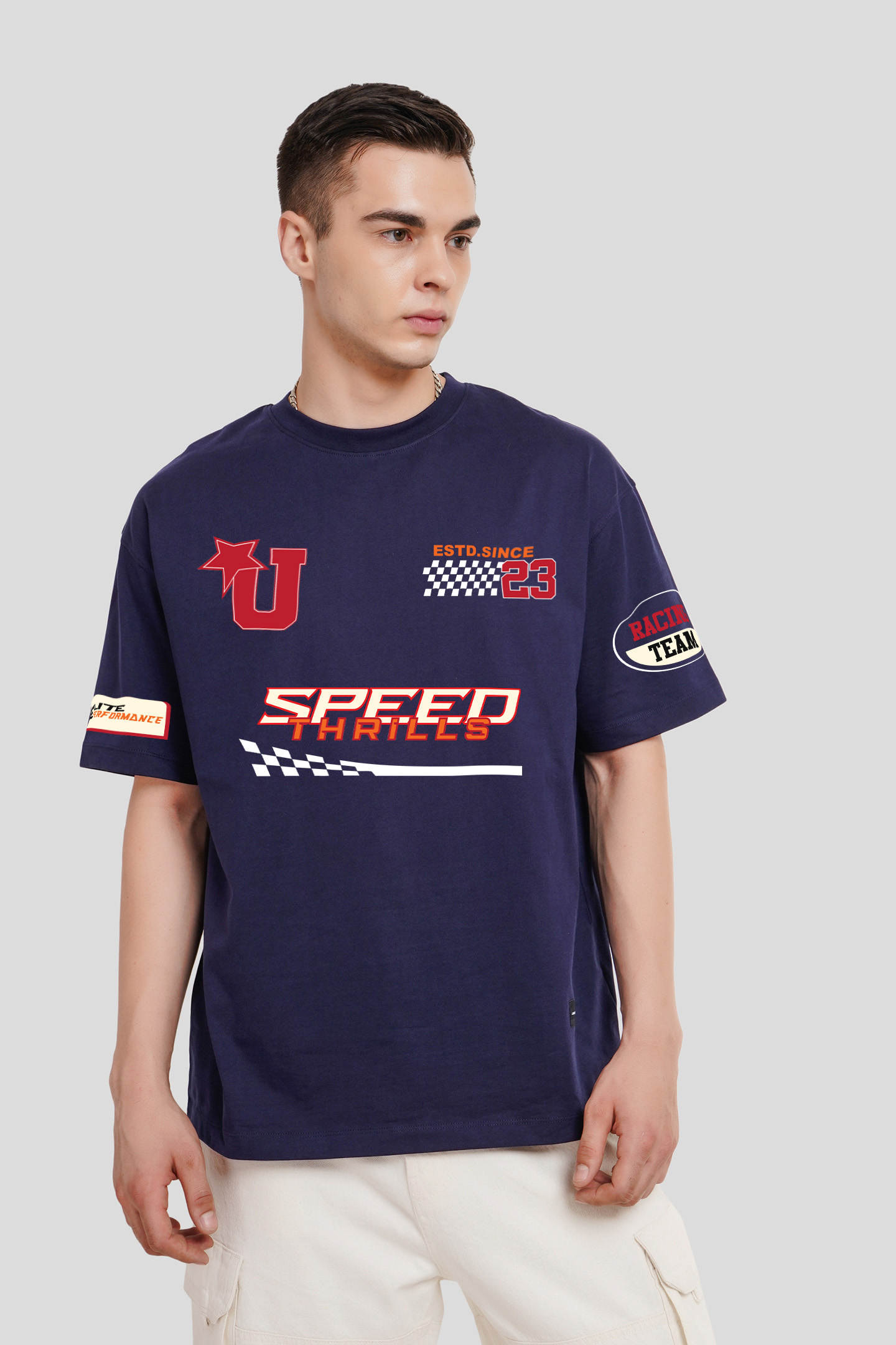 Speed Thrills Navy Blue Oversized T-shirt Men
