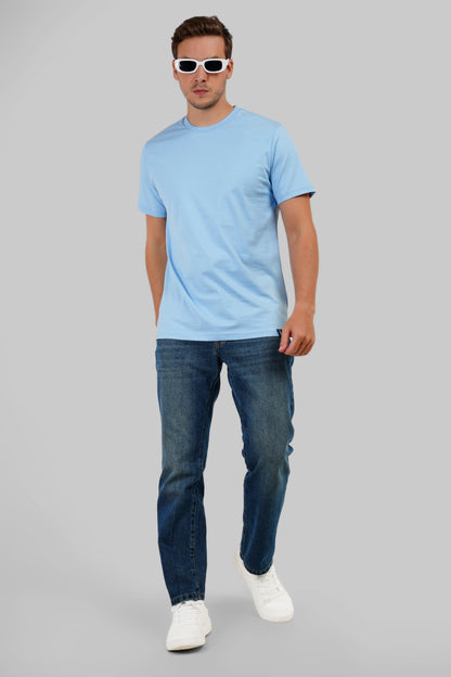 Solid Powder Blue Half Sleeves T-Shirt For Men Regular Fit