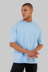 Solid Powder Blue Half Sleeves T-Shirt For Men Baggy Fit