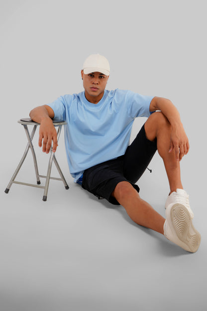 Solid Powder Blue Half Sleeves T-Shirt For Men Baggy Fit