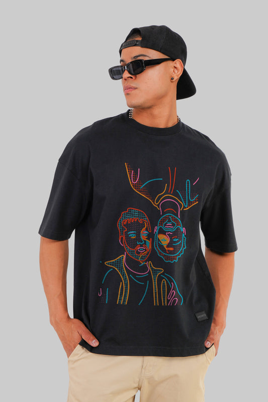 Two Men Line Art Black Baggy Fit T-Shirt Men Pic 1