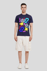 Doodled Print Navy Blue Regular Fit T-Shirt Men