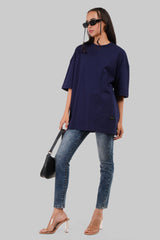 Solid Navy Blue Half Sleeves T-Shirt For Women Baggy Fit