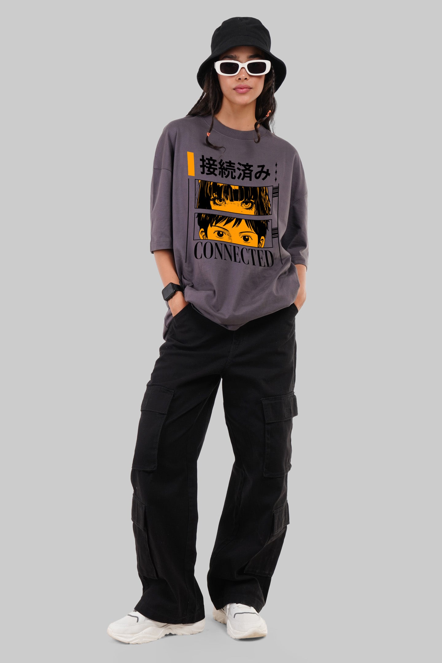 Connected Eyes Dark Grey Baggy Fit T-Shirt Women