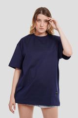Solid Navy Blue Half Sleeves T-Shirt For Women Oversized Fit