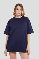Solid Navy Blue Half Sleeves T-Shirt For Women Oversized Fit