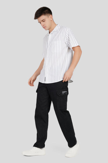 White Striped Cuban Collar Shirt