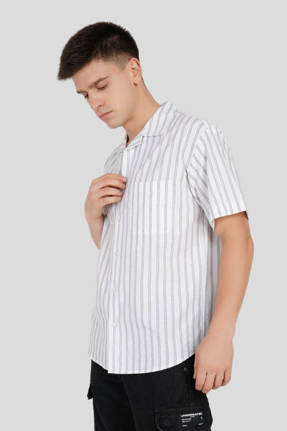 White Striped Cuban Collar Shirt