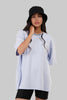 Powder Blue Neck Logo Print Oversized T-Shirt For Women