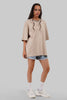 Beige Neck Logo Print Oversized T-Shirt For Women