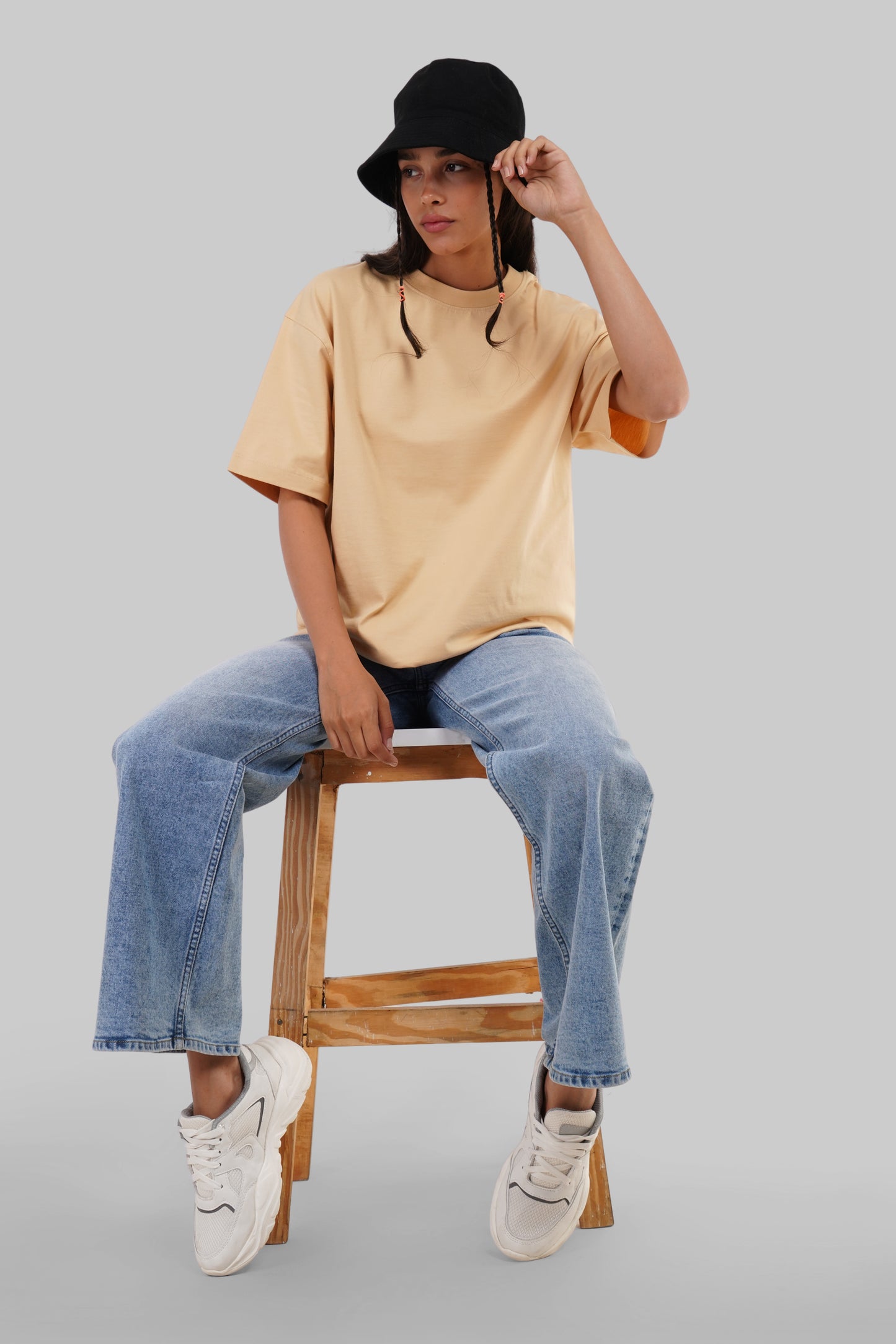 Solid Beige Half Sleeves T-Shirt For Women Oversized Fit