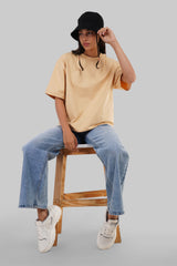 Solid Beige Half Sleeves T-Shirt For Women Oversized Fit