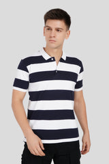A man wearing a navy blue and white horizontally striped polo shirt with a solid white collar.