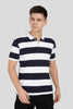 A man wearing a navy blue and white horizontally striped polo shirt with a solid white collar.