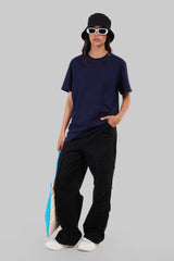 Solid Navy Blue Half Sleeves T-Shirt For Women Boyfriend Fit