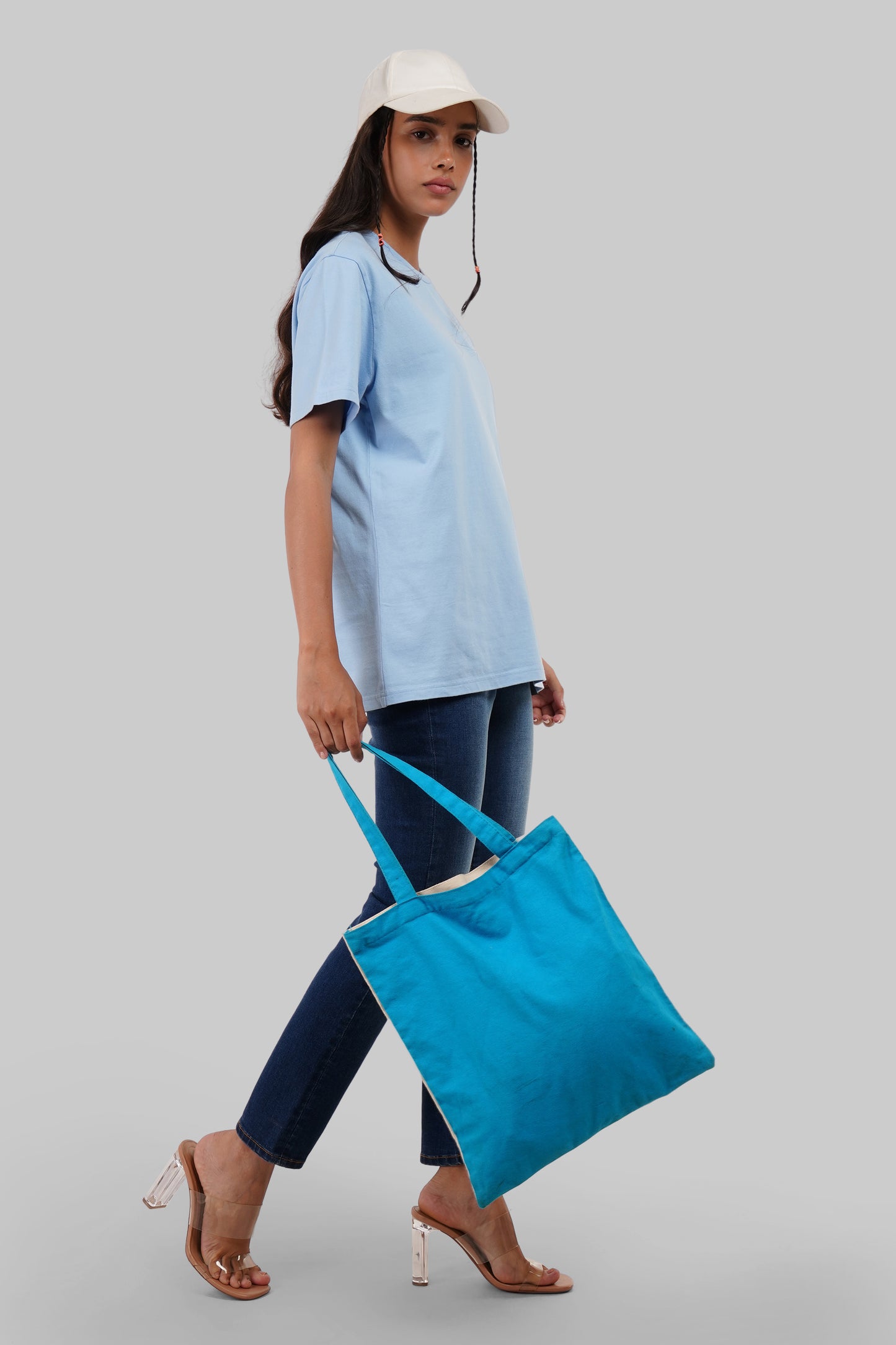 Solid Powder Blue Half Sleeves T-Shirt For Women Boyfriend Fit