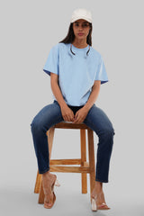 Solid Powder Blue Half Sleeves T-Shirt For Women Boyfriend Fit