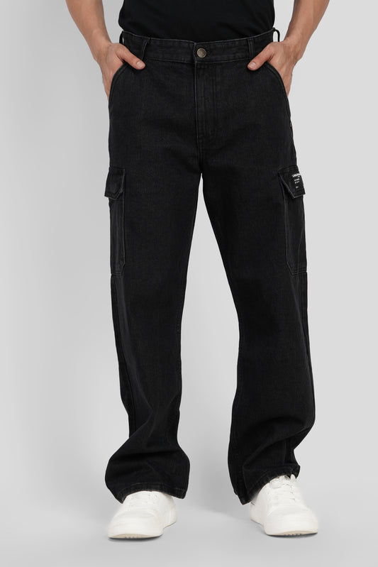 Black Mid Rise Relaxed Fit Men's Cargo Jeans Pic 1