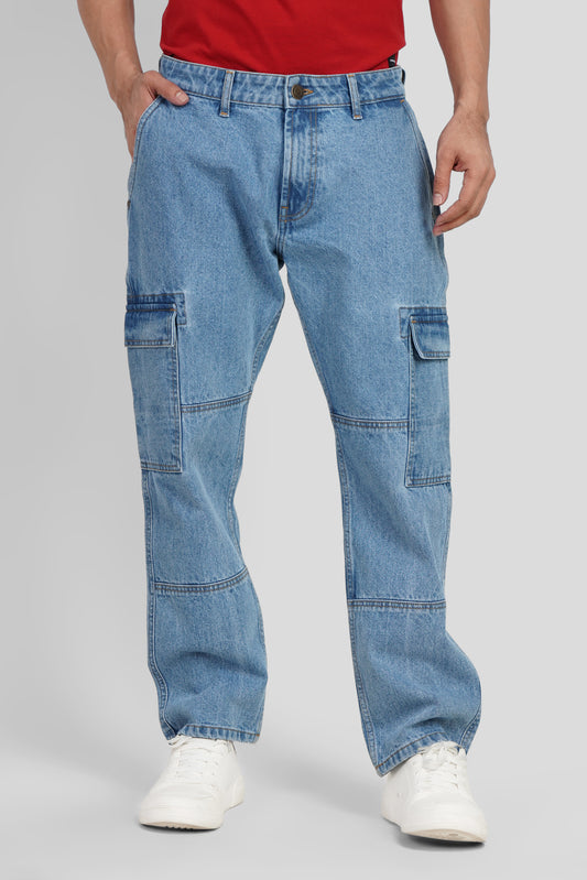 Blue Mid Rise Relaxed Men's Cargo Jeans Pic 1