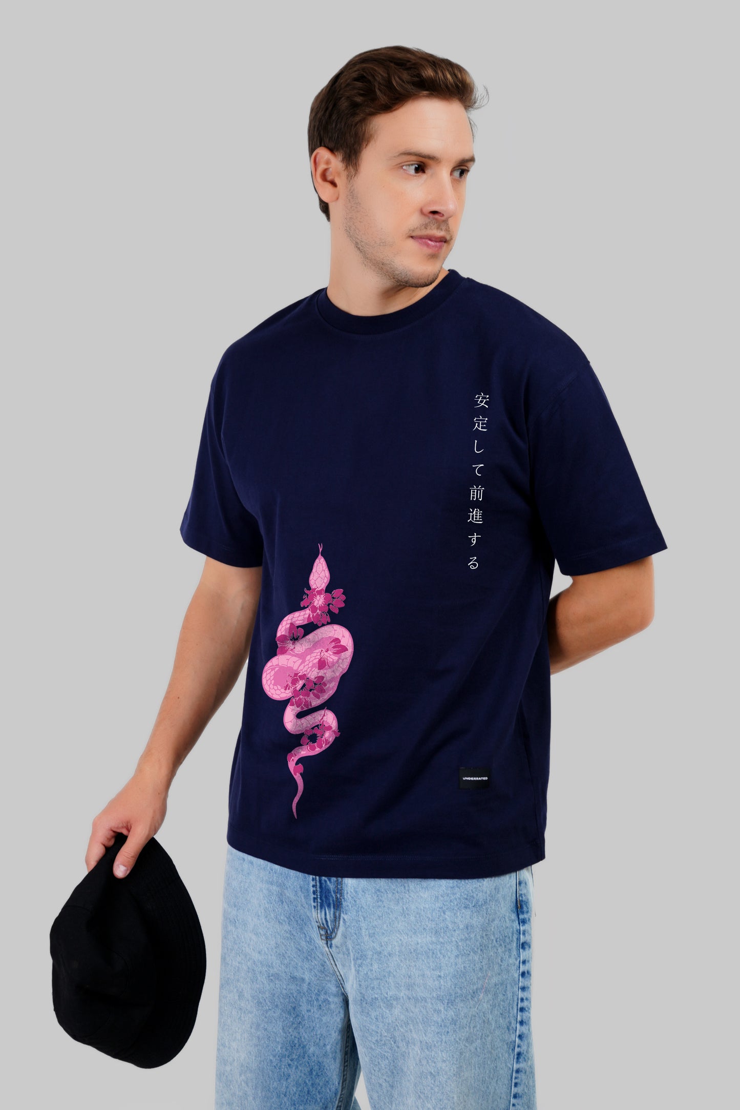 Pink Serpent Navy Blue Oversized Fit T-Shirt Men Pic 1