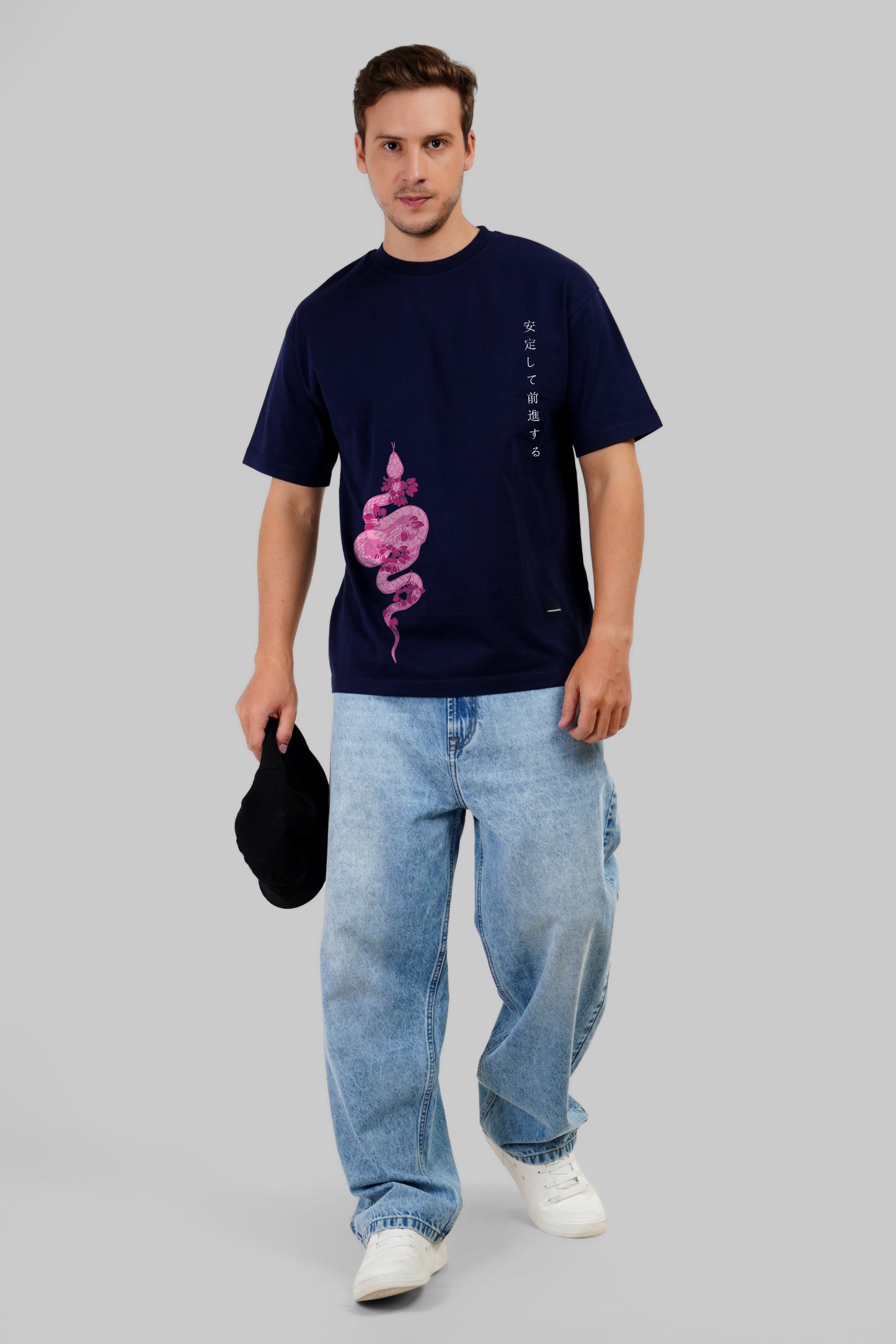 Pink Serpent Navy Blue Oversized Fit T-Shirt Men Pic 2