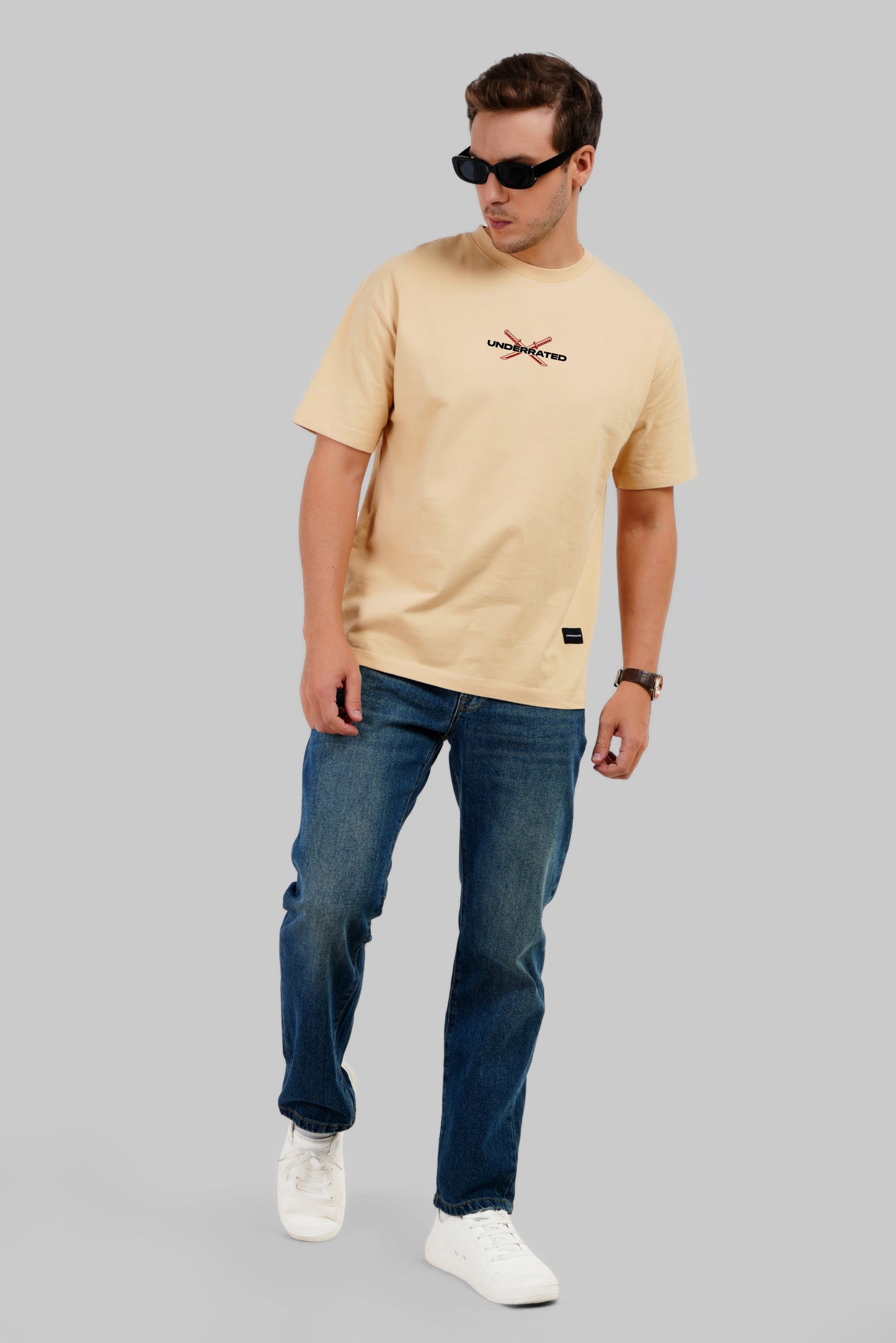 Sunset Warrior Beige Oversized Fit T-Shirt Men Pic 3