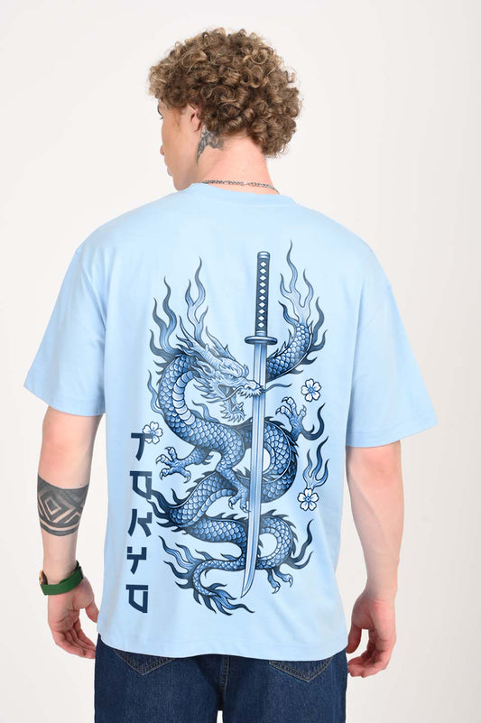 Tokyo Dragon Sky Blue Oversized Fit T-Shirt Men Pic 1