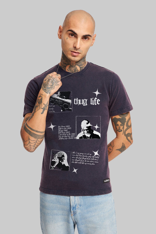 Thug Life Navy Blue Acid Washed T-Shirt Men Pic 1