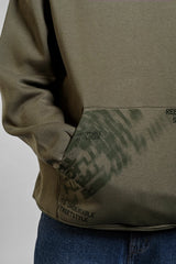 Side view of an olive green hoodie pocket featuring 