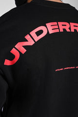 Back view of a black sweatshirt with large red 