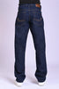 Back view of dark indigo blue jeans featuring a tan leather waist patch and curved pocket stitching.