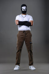 Light grey UNDERRATED CLUB drawstring cargo pants, angled pose on model 