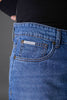 Side angle blue jeans waistband 